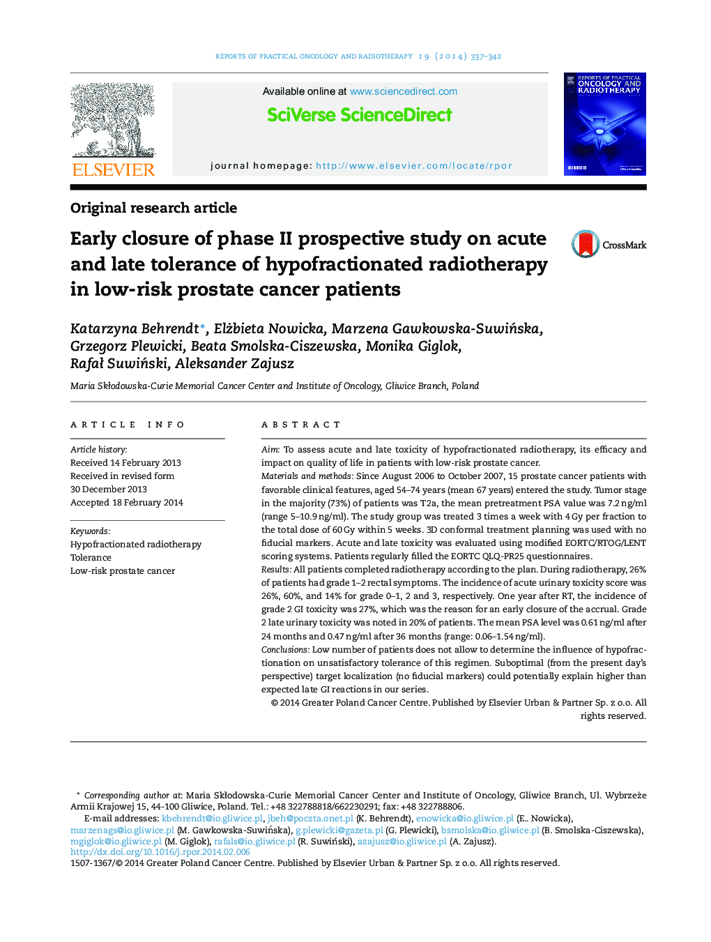 Early closure of phase II prospective study on acute and late tolerance of hypofractionated radiotherapy in low-risk prostate cancer patients