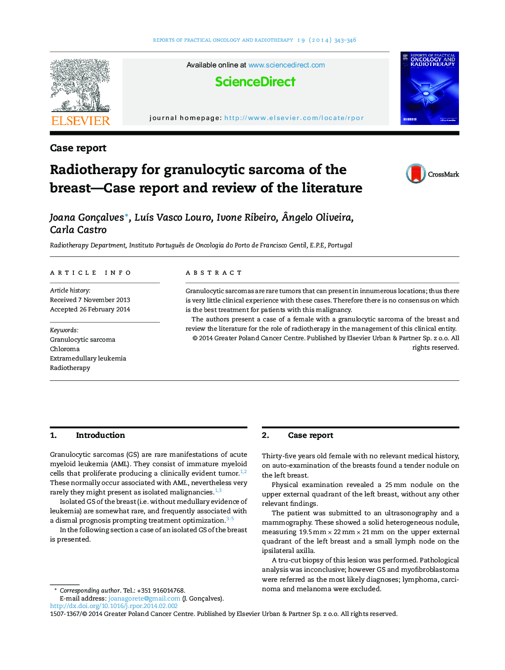 Radiotherapy for granulocytic sarcoma of the breast-Case report and review of the literature
