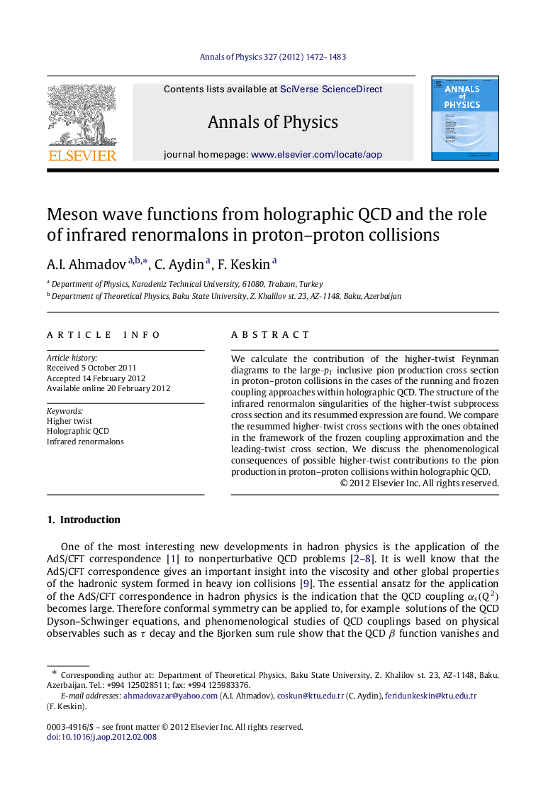 Meson wave functions from holographic QCD and the role of infrared renormalons in proton-proton collisions