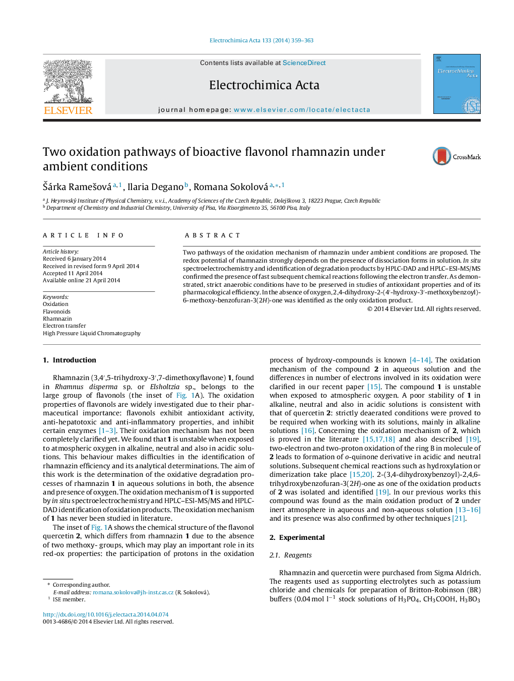 Two oxidation pathways of bioactive flavonol rhamnazin under ambient conditions