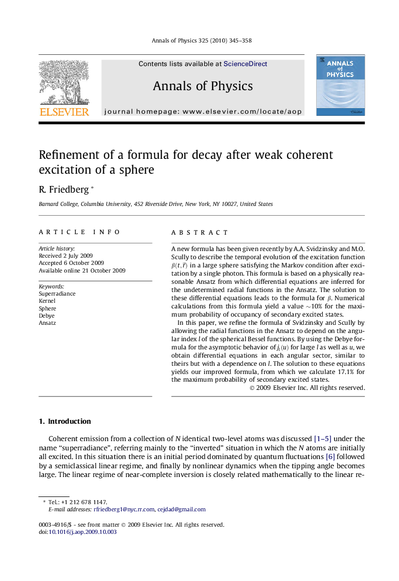 Refinement of a formula for decay after weak coherent excitation of a sphere