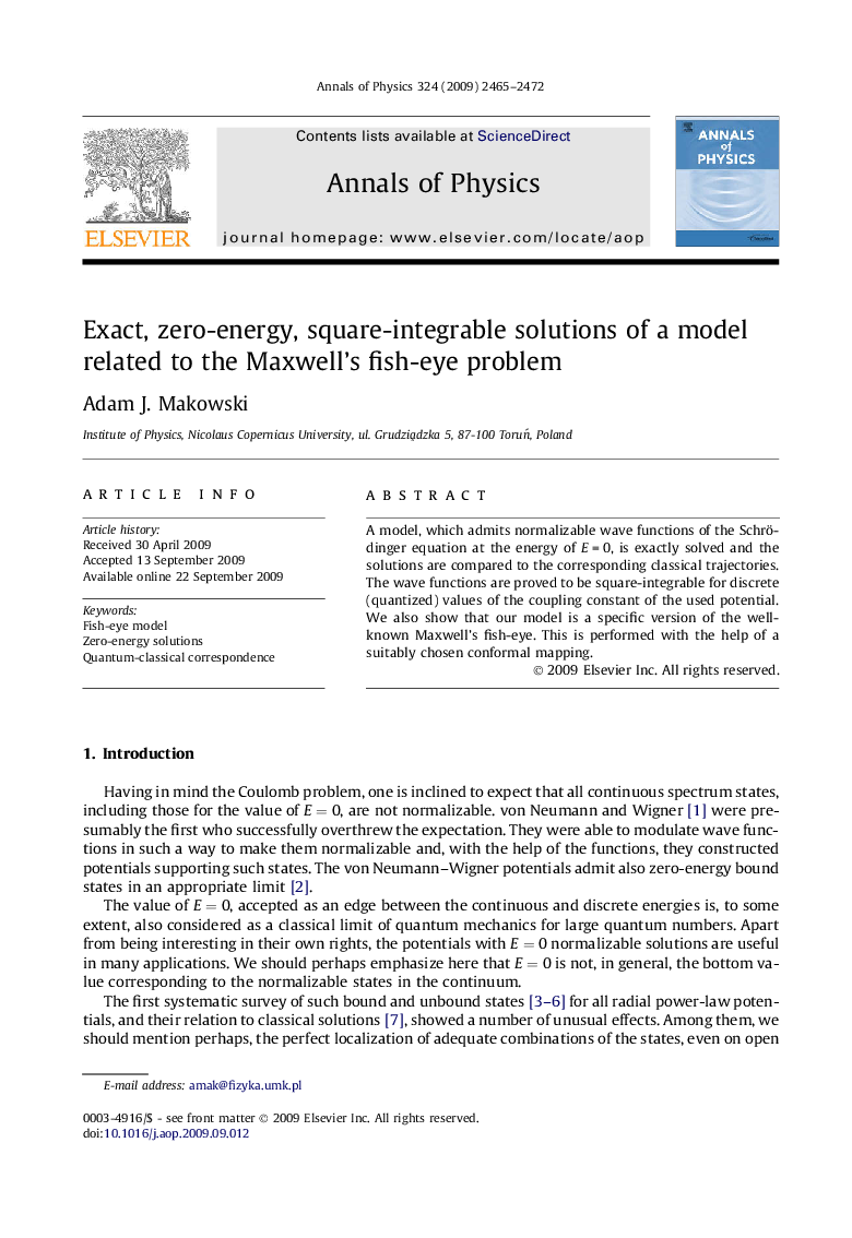 Exact, zero-energy, square-integrable solutions of a model related to the Maxwell’s fish-eye problem