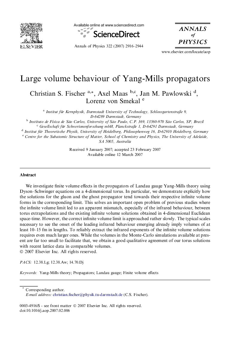Large volume behaviour of Yang-Mills propagators