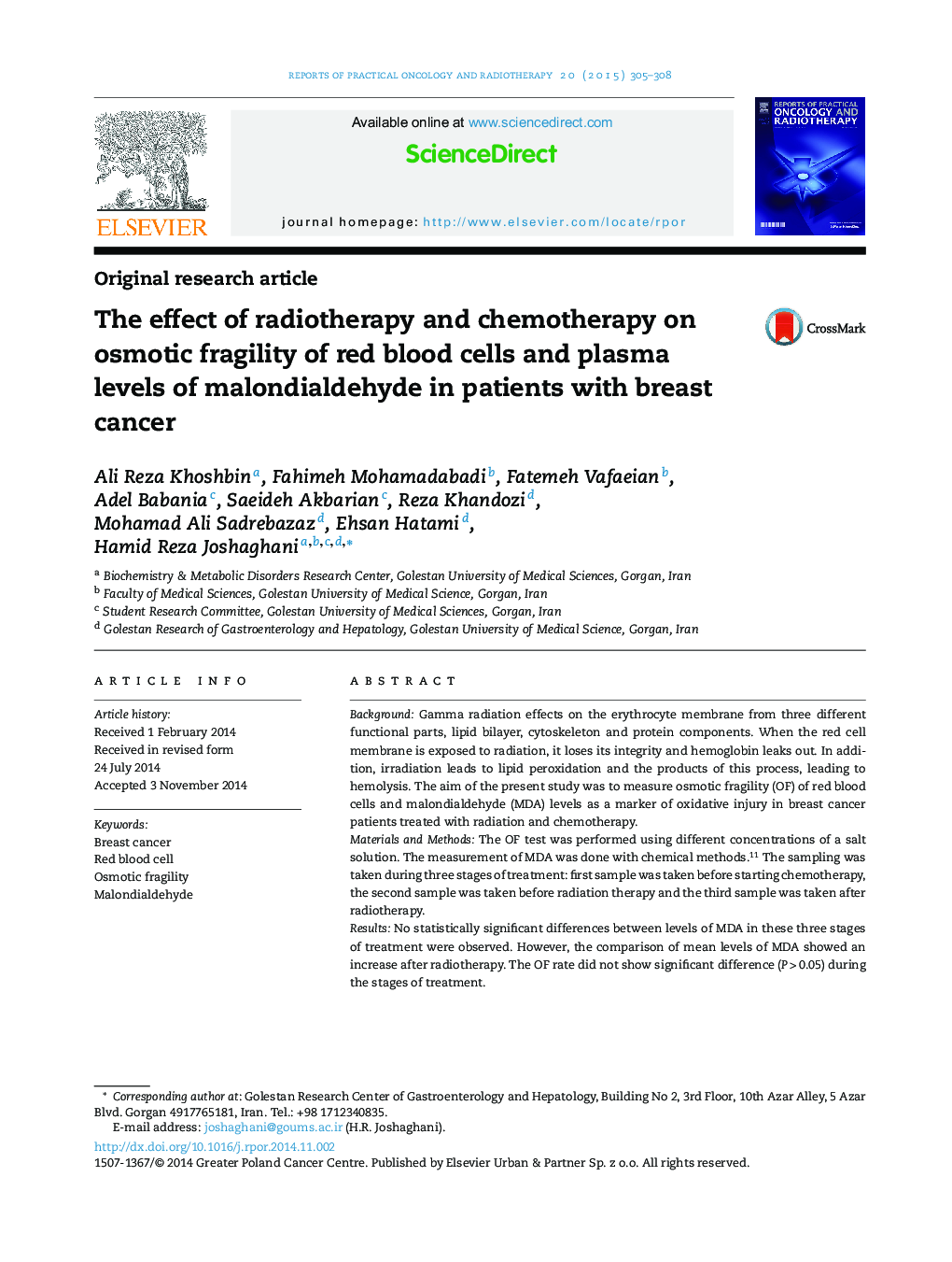 The effect of radiotherapy and chemotherapy on osmotic fragility of red blood cells and plasma levels of malondialdehyde in patients with breast cancer