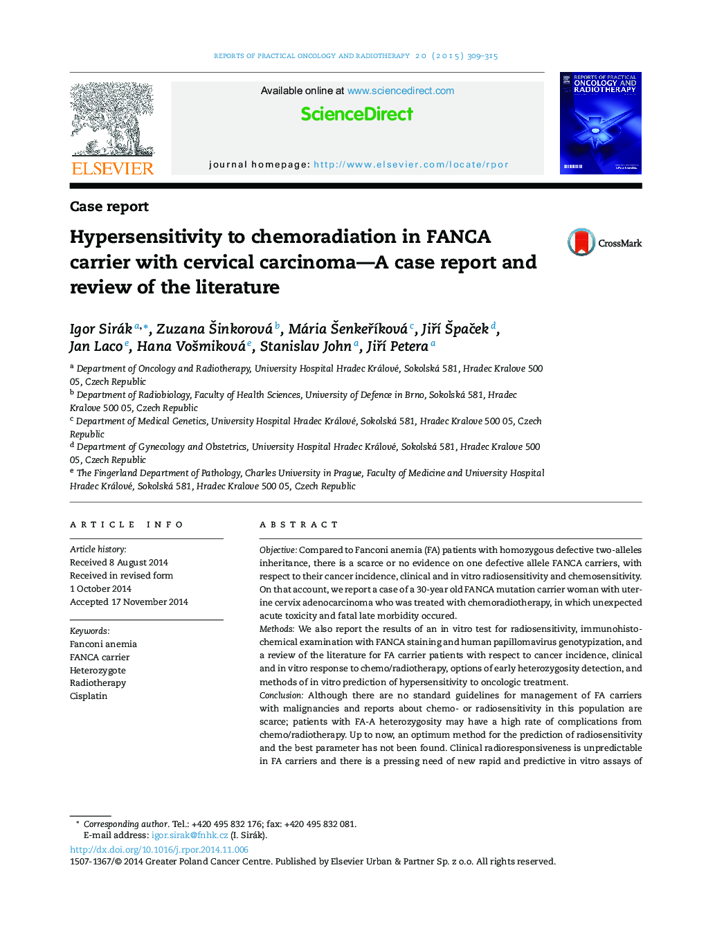 Hypersensitivity to chemoradiation in FANCA carrier with cervical carcinoma—A case report and review of the literature