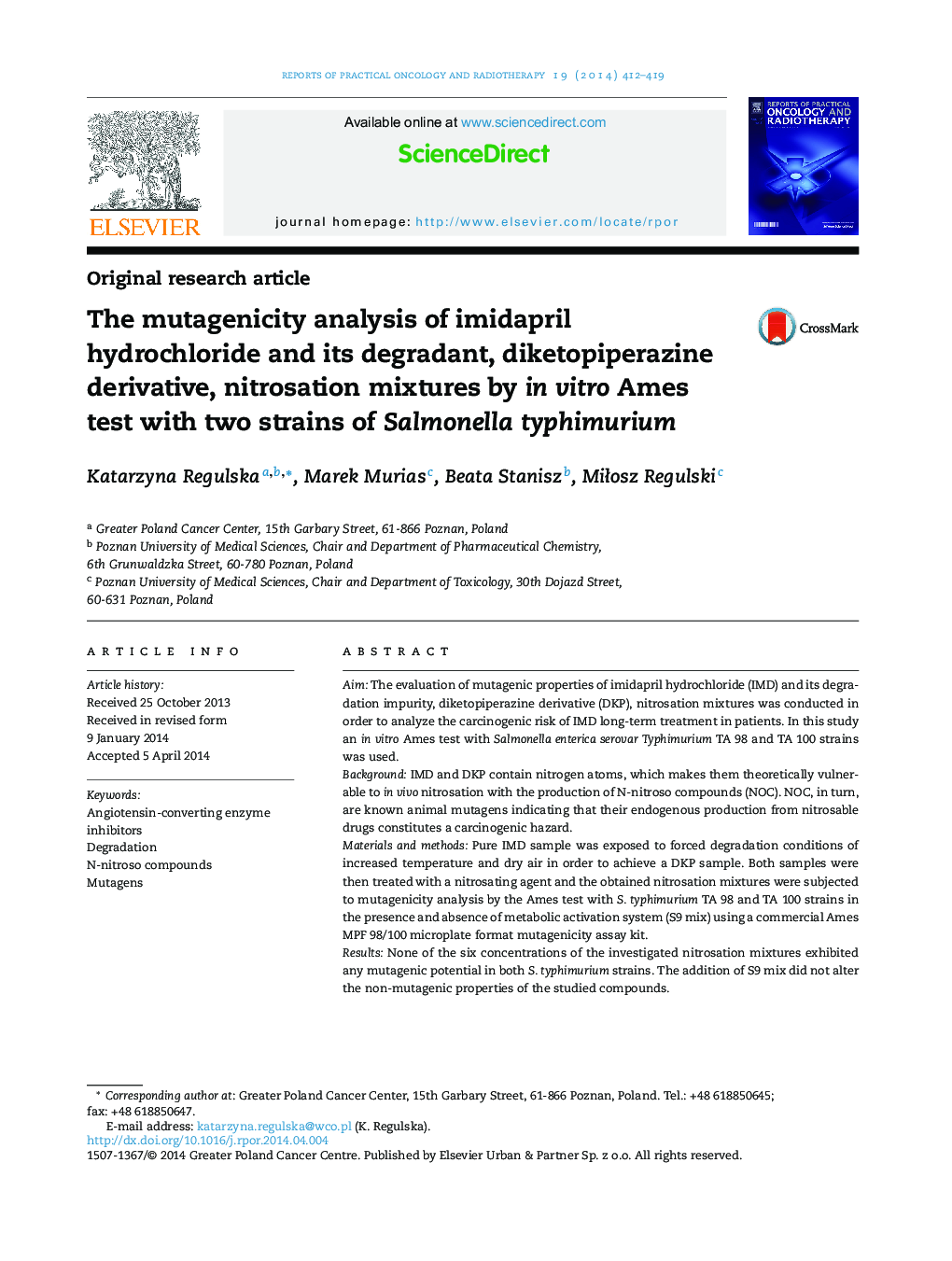 The mutagenicity analysis of imidapril hydrochloride and its degradant, diketopiperazine derivative, nitrosation mixtures by in vitro Ames test with two strains of Salmonella typhimurium