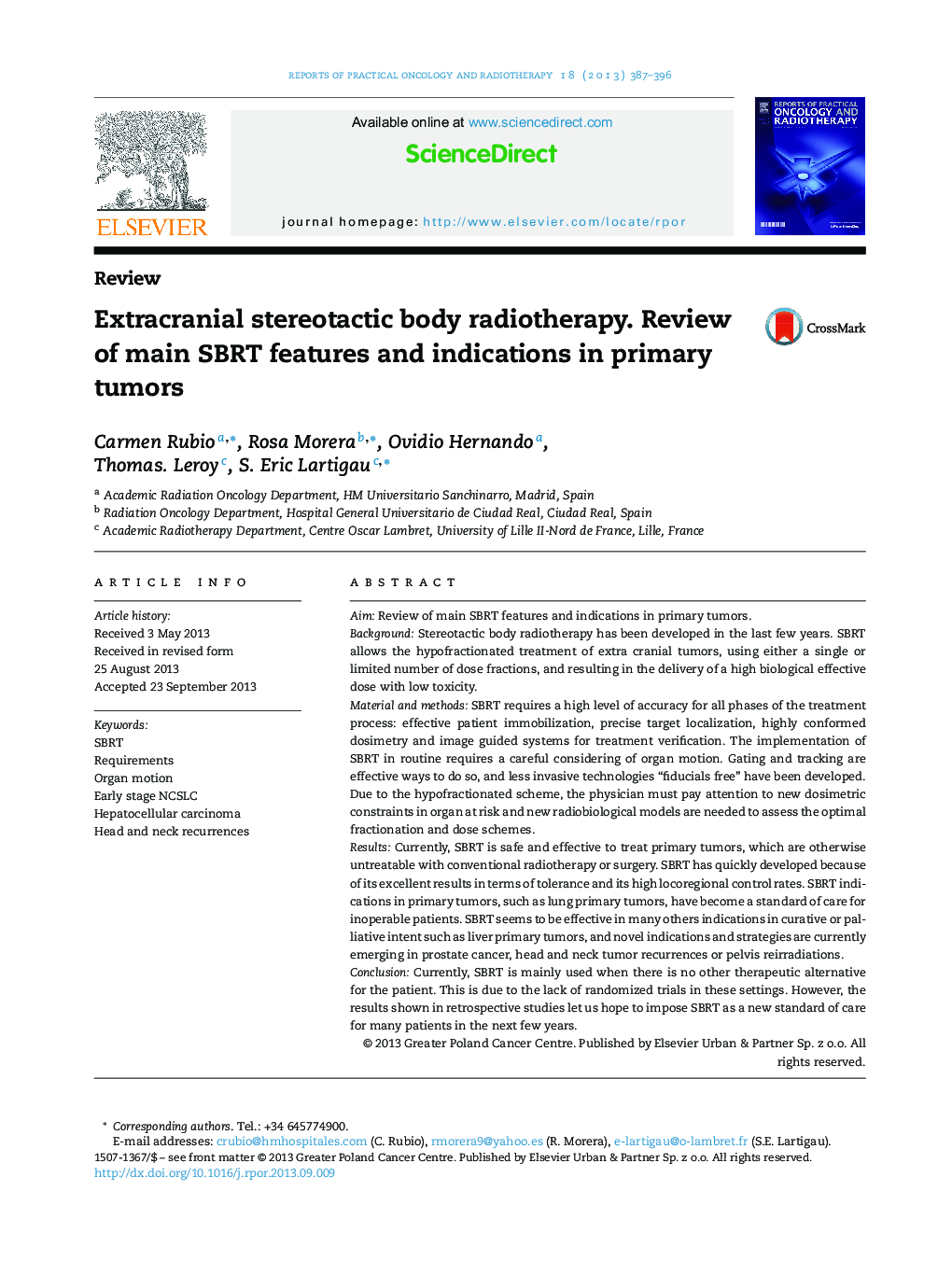 Extracranial stereotactic body radiotherapy. Review of main SBRT features and indications in primary tumors