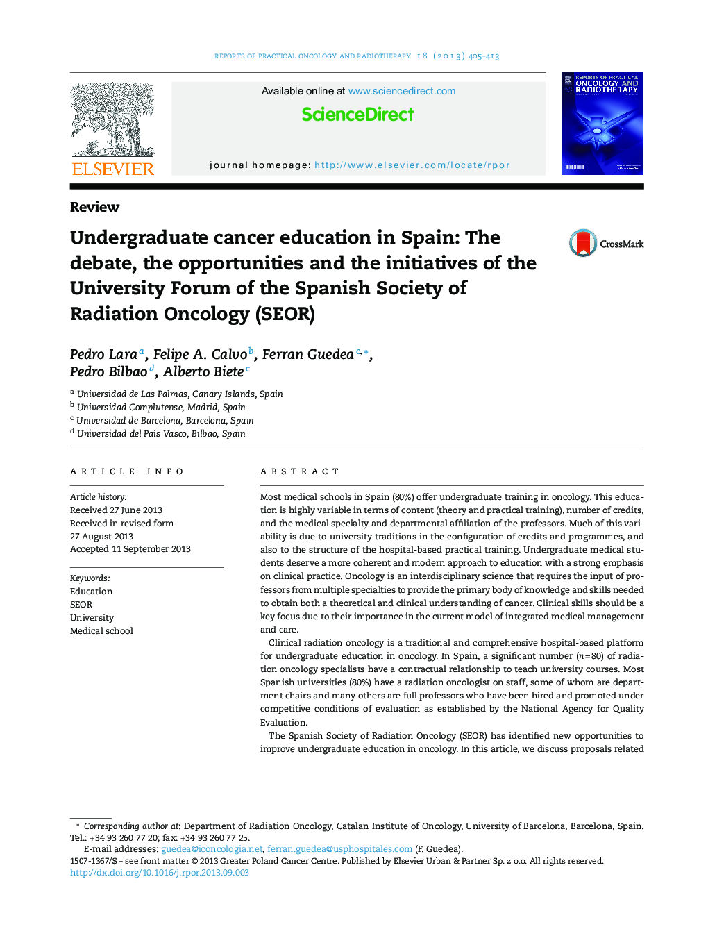 Undergraduate cancer education in Spain: The debate, the opportunities and the initiatives of the University Forum of the Spanish Society of Radiation Oncology (SEOR)