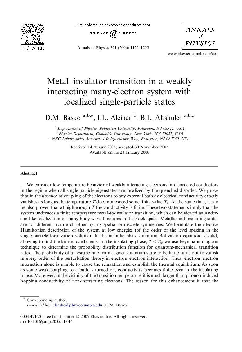 Metal–insulator transition in a weakly interacting many-electron system with localized single-particle states