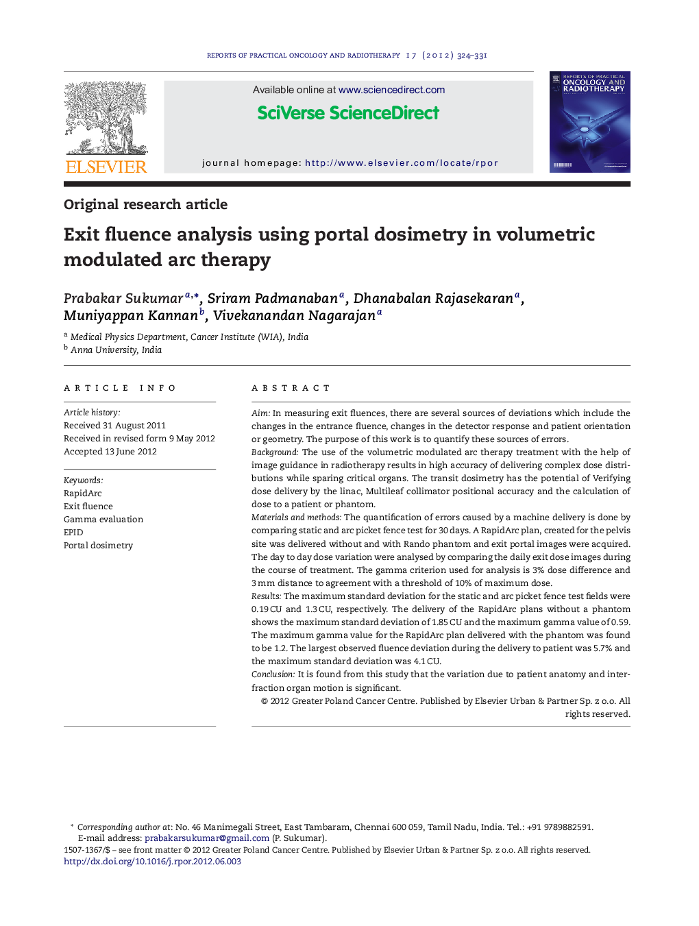 Exit fluence analysis using portal dosimetry in volumetric modulated arc therapy