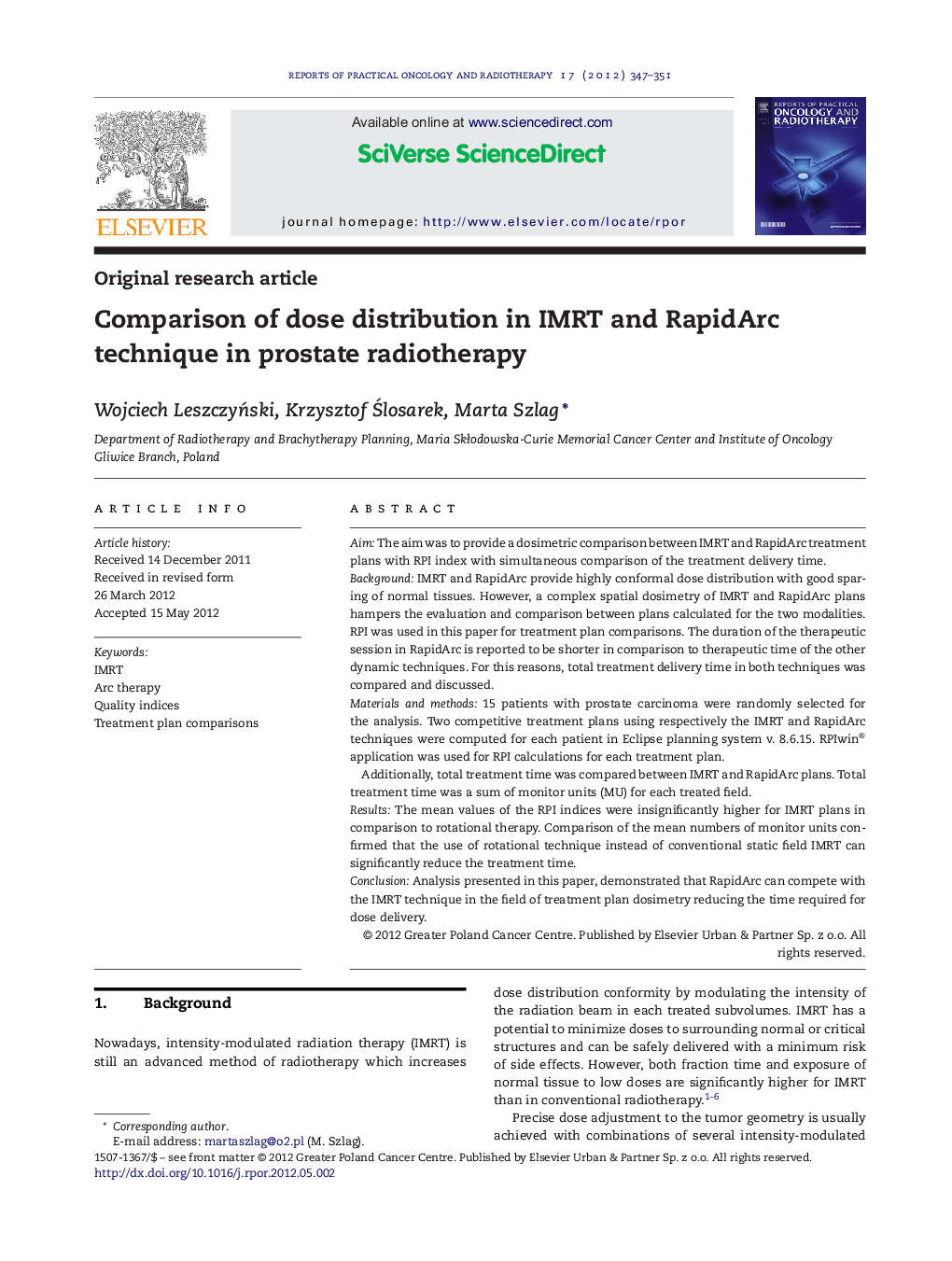 Comparison of dose distribution in IMRT and RapidArc technique in prostate radiotherapy