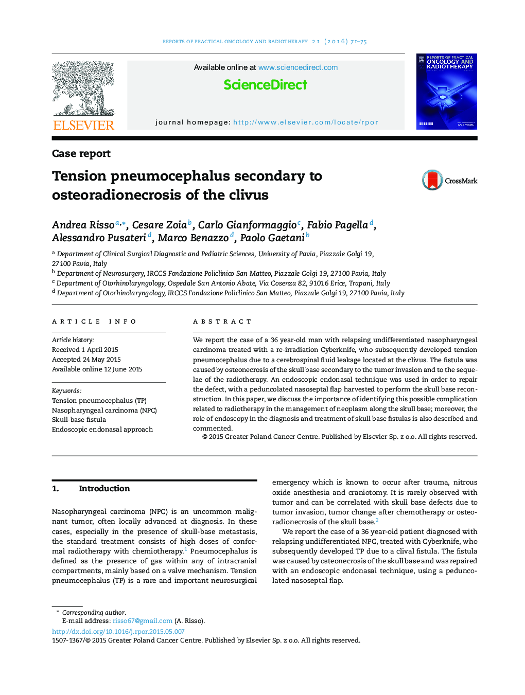 تنش pneumocephalus ثانوی برای ورادیو استئو نکروز clivus