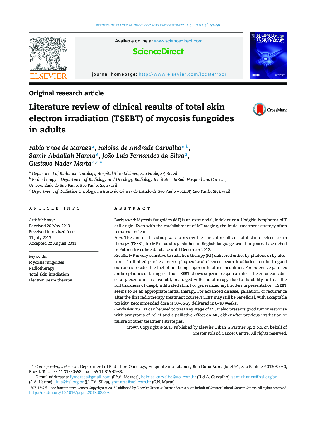 Literature review of clinical results of total skin electron irradiation (TSEBT) of mycosis fungoides in adults