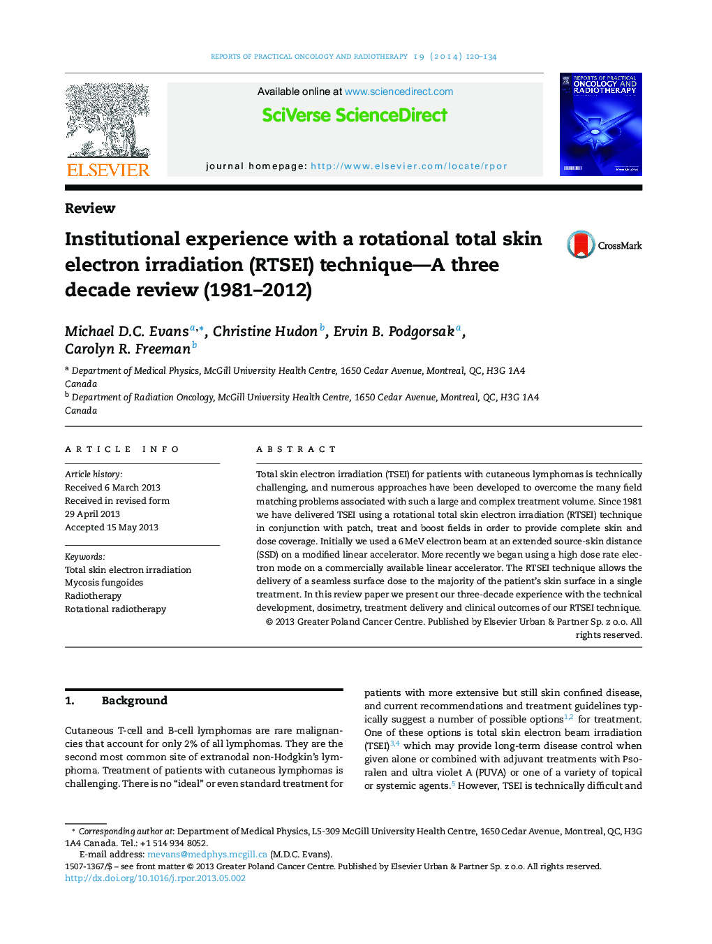Institutional experience with a rotational total skin electron irradiation (RTSEI) technique-A three decade review (1981-2012)