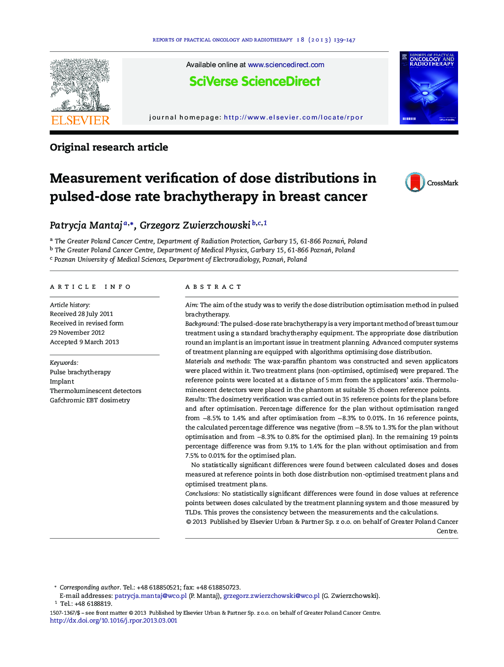 Measurement verification of dose distributions in pulsed-dose rate brachytherapy in breast cancer