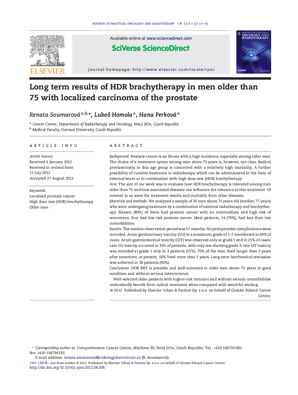 Long term results of HDR brachytherapy in men older than 75 with localized carcinoma of the prostate