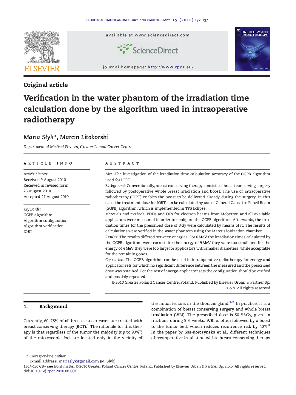 Verification in the water phantom of the irradiation time calculation done by the algorithm used in intraoperative radiotherapy