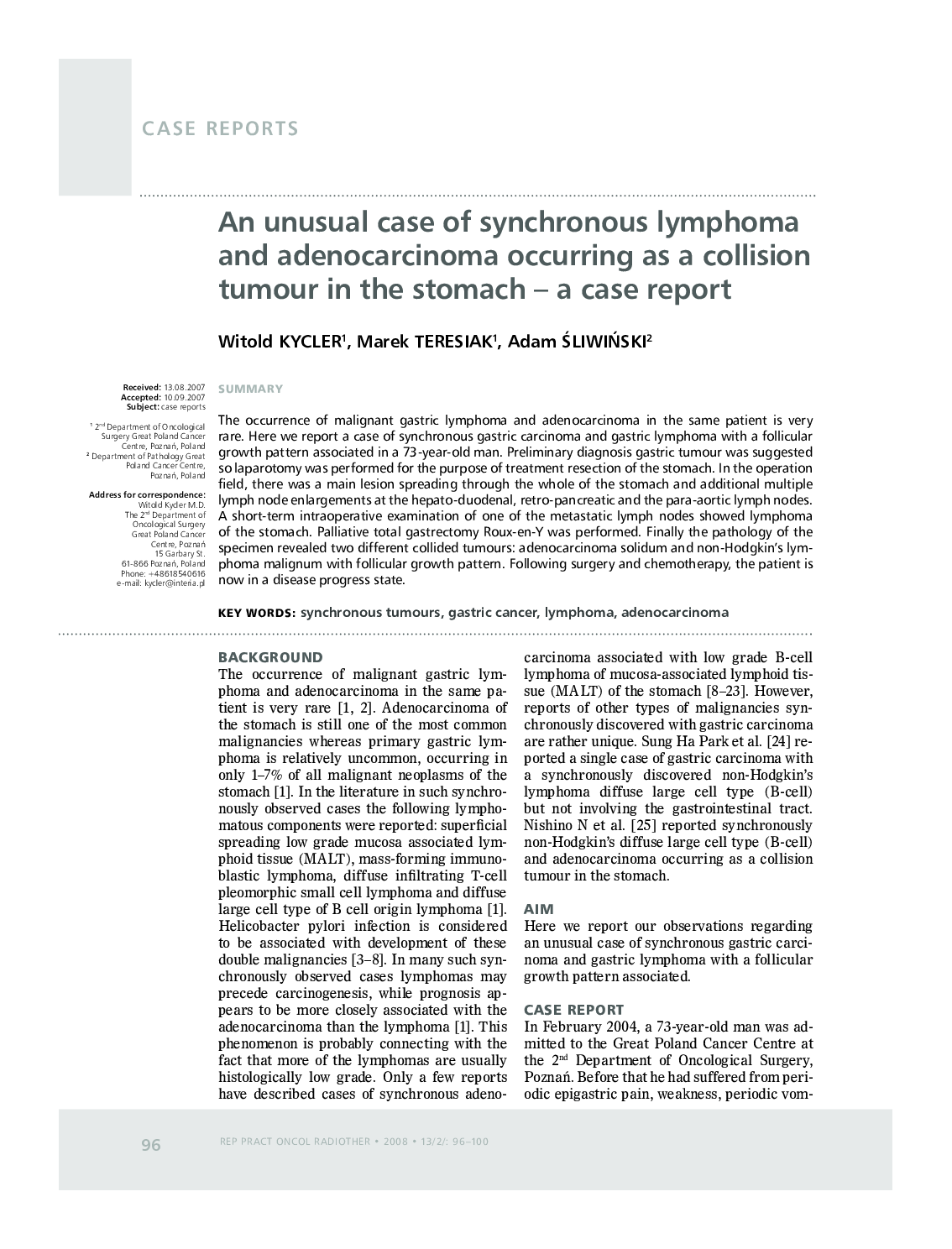 An unusual case of synchronous lymphoma and adenocarcinoma occurring as a collision tumour in the stomach – a case report