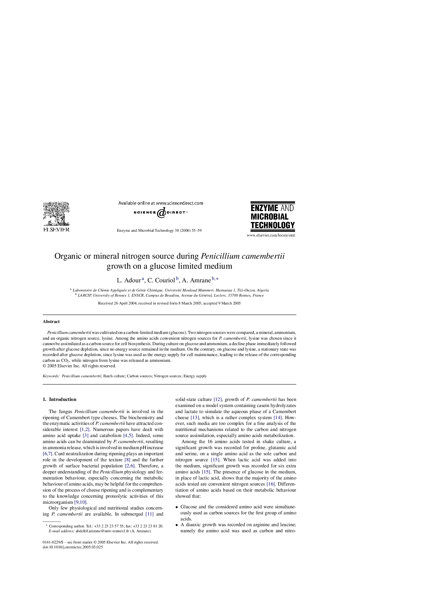 Organic or mineral nitrogen source during Penicillium camembertii growth on a glucose limited medium