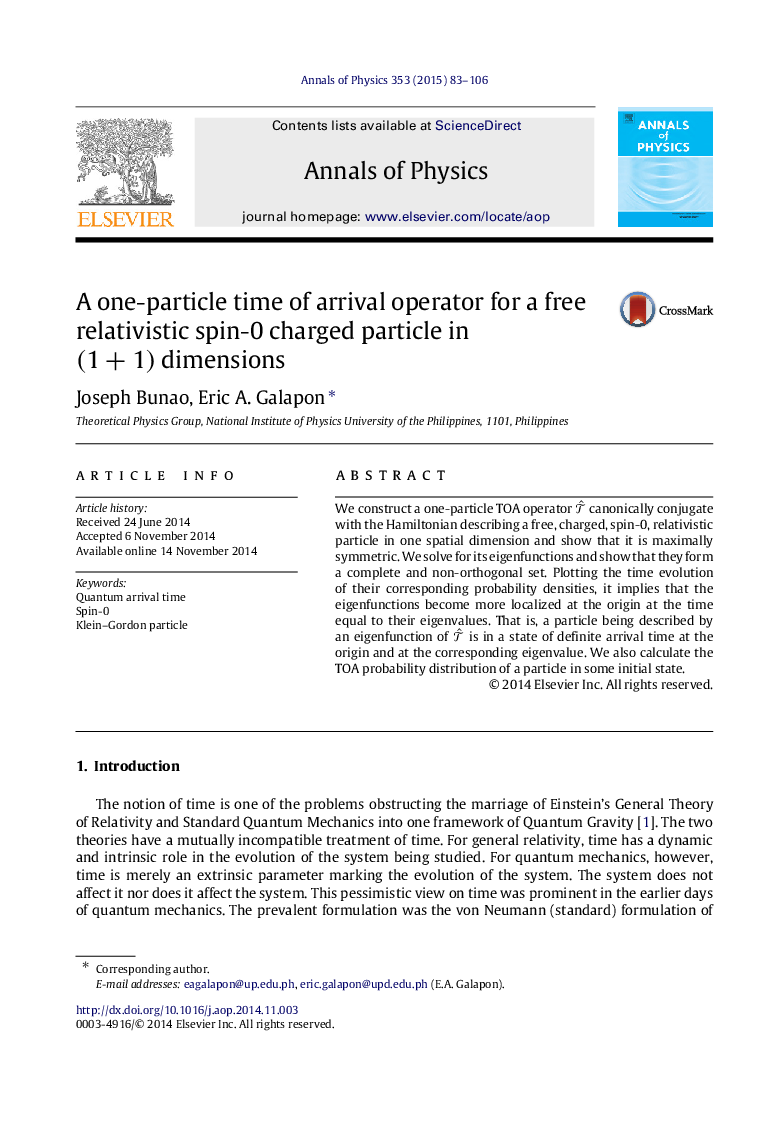 A one-particle time of arrival operator for a free relativistic spin-00 charged particle in (1+1)(1+1) dimensions