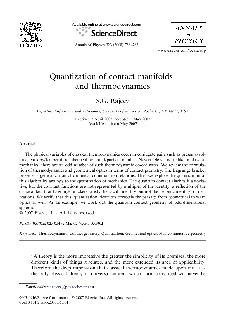 Quantization of contact manifolds and thermodynamics