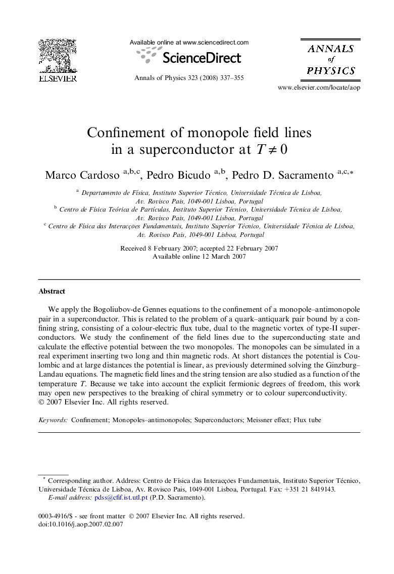Confinement of monopole field lines in a superconductor at TÂ â Â 0