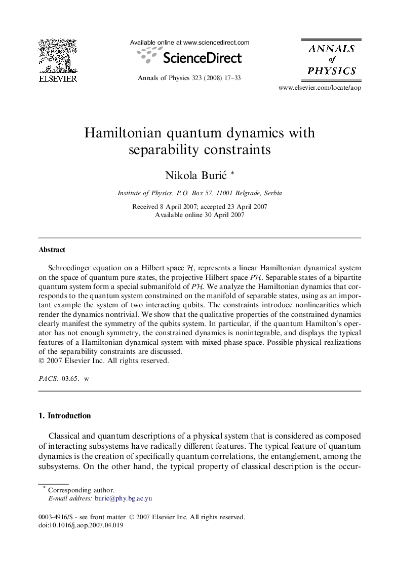 Hamiltonian quantum dynamics with separability constraints