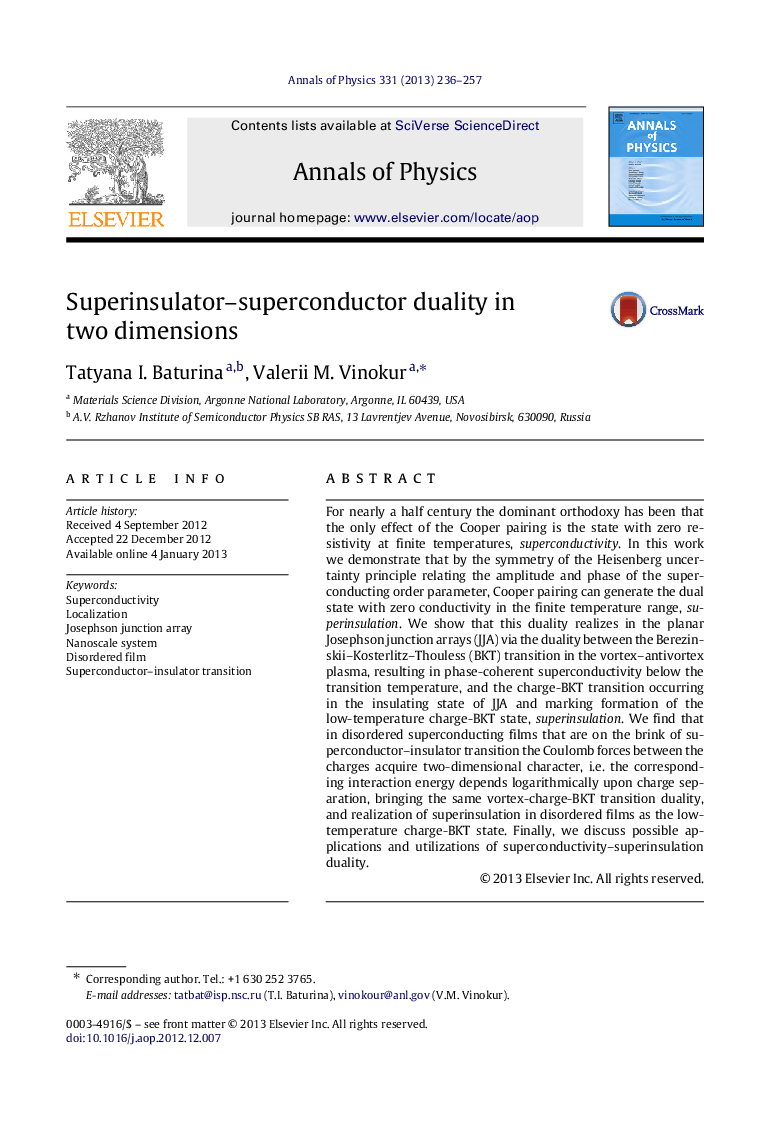 Superinsulator–superconductor duality in two dimensions