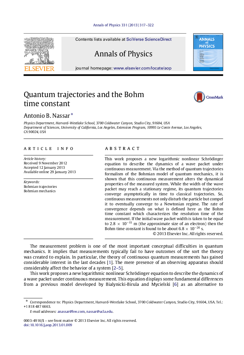 عکس صفحه اول مقاله: Quantum trajectories and the Bohm time constant Quantum trajectories and the Bohm time constant
