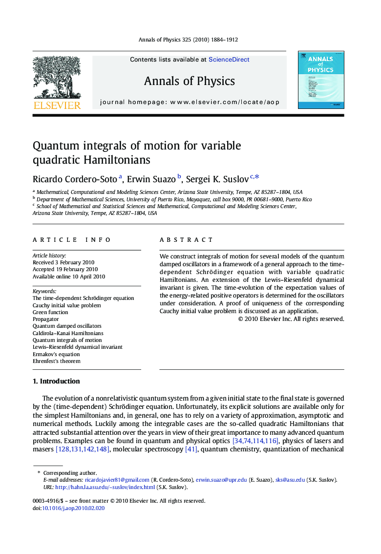 Quantum integrals of motion for variable quadratic Hamiltonians