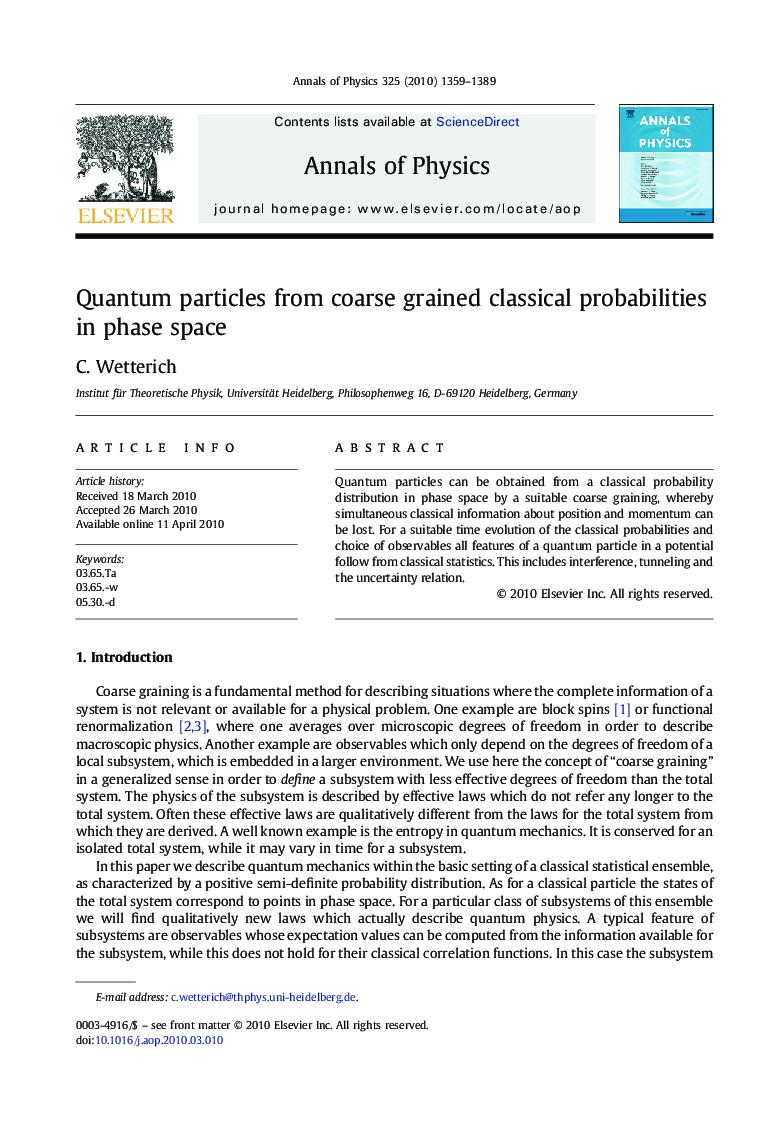 Quantum particles from coarse grained classical probabilities in phase space