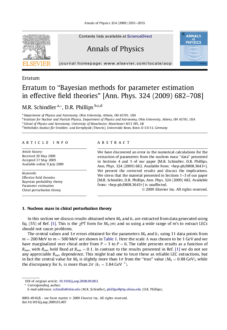 Erratum to “Bayesian methods for parameter estimation in effective field theories” [Ann. Phys. 324 (2009) 682–708]