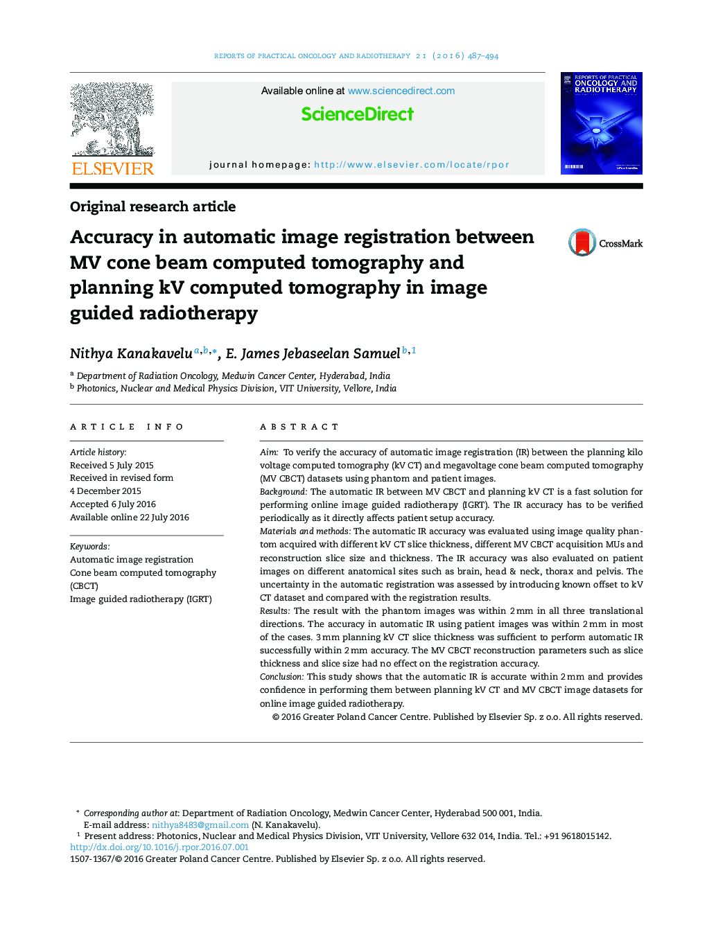 Accuracy in automatic image registration between MV cone beam computed tomography and planning kV computed tomography in image guided radiotherapy