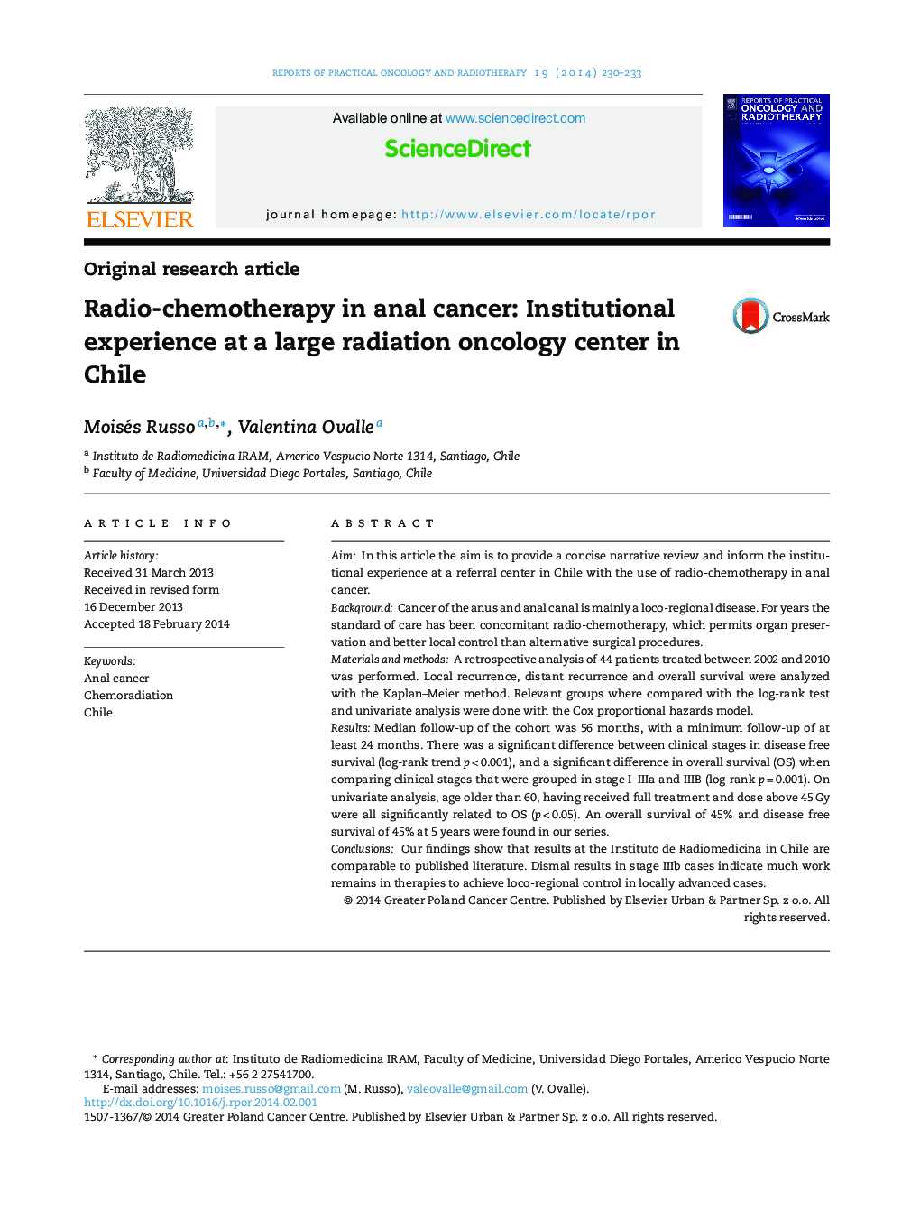 رادیو شیمی درمانی در سرطان مقعد: تجربه درمانی در یک مرکز انکولوژی عظیم شیلی در شیلی 
