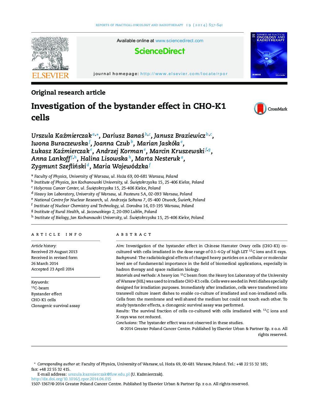 Investigation of the bystander effect in CHO-K1 cells