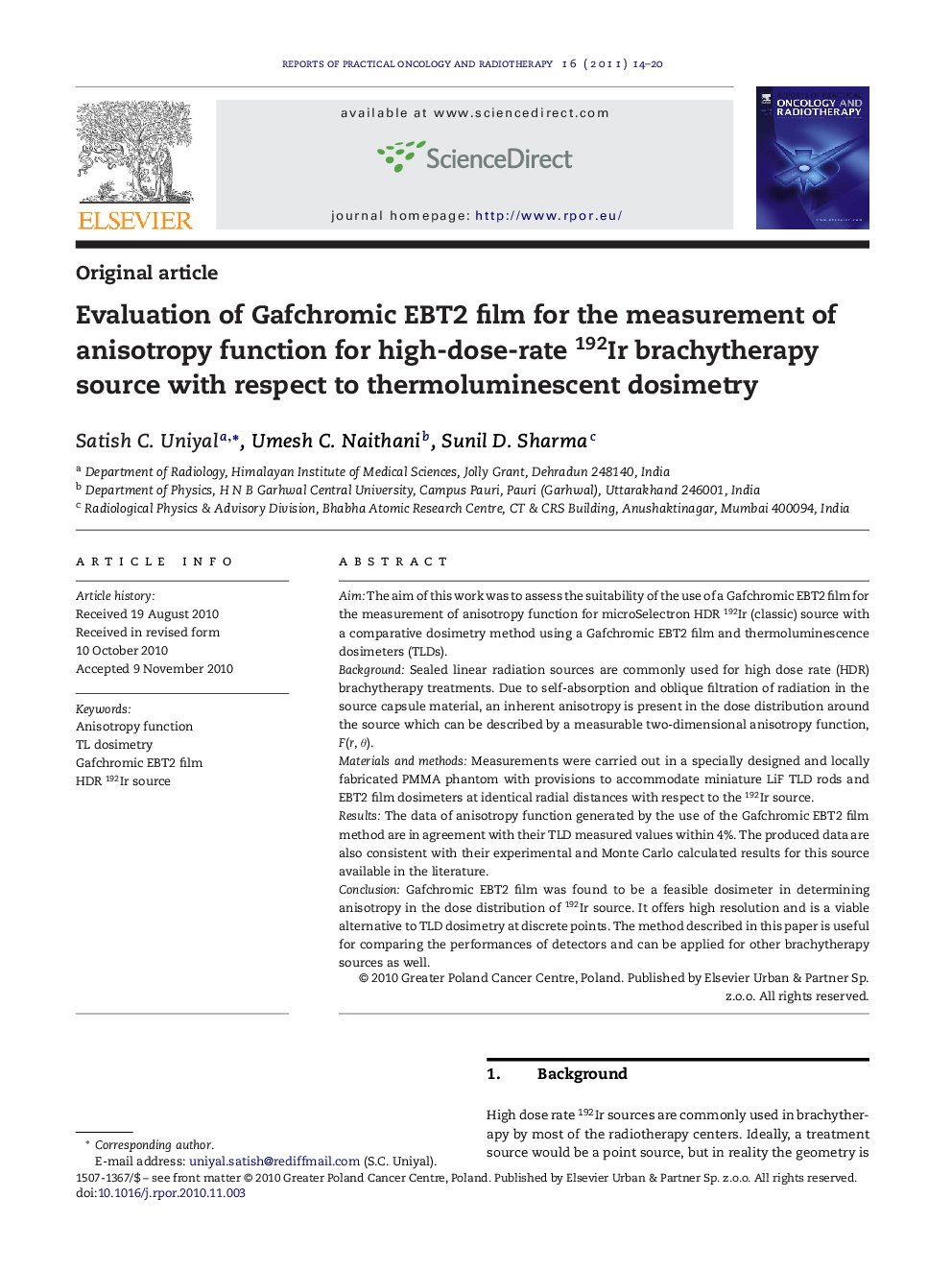 Evaluation of Gafchromic EBT2 film for the measurement of anisotropy function for high-dose-rate 192Ir brachytherapy source with respect to thermoluminescent dosimetry