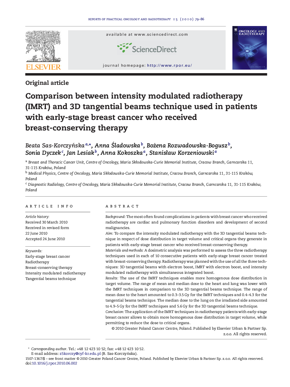 Comparison between intensity modulated radiotherapy (IMRT) and 3D tangential beams technique used in patients with early-stage breast cancer who received breast-conserving therapy