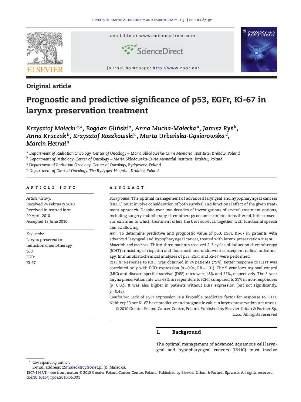 Prognostic and predictive significance of p53, EGFr, Ki-67 in larynx preservation treatment