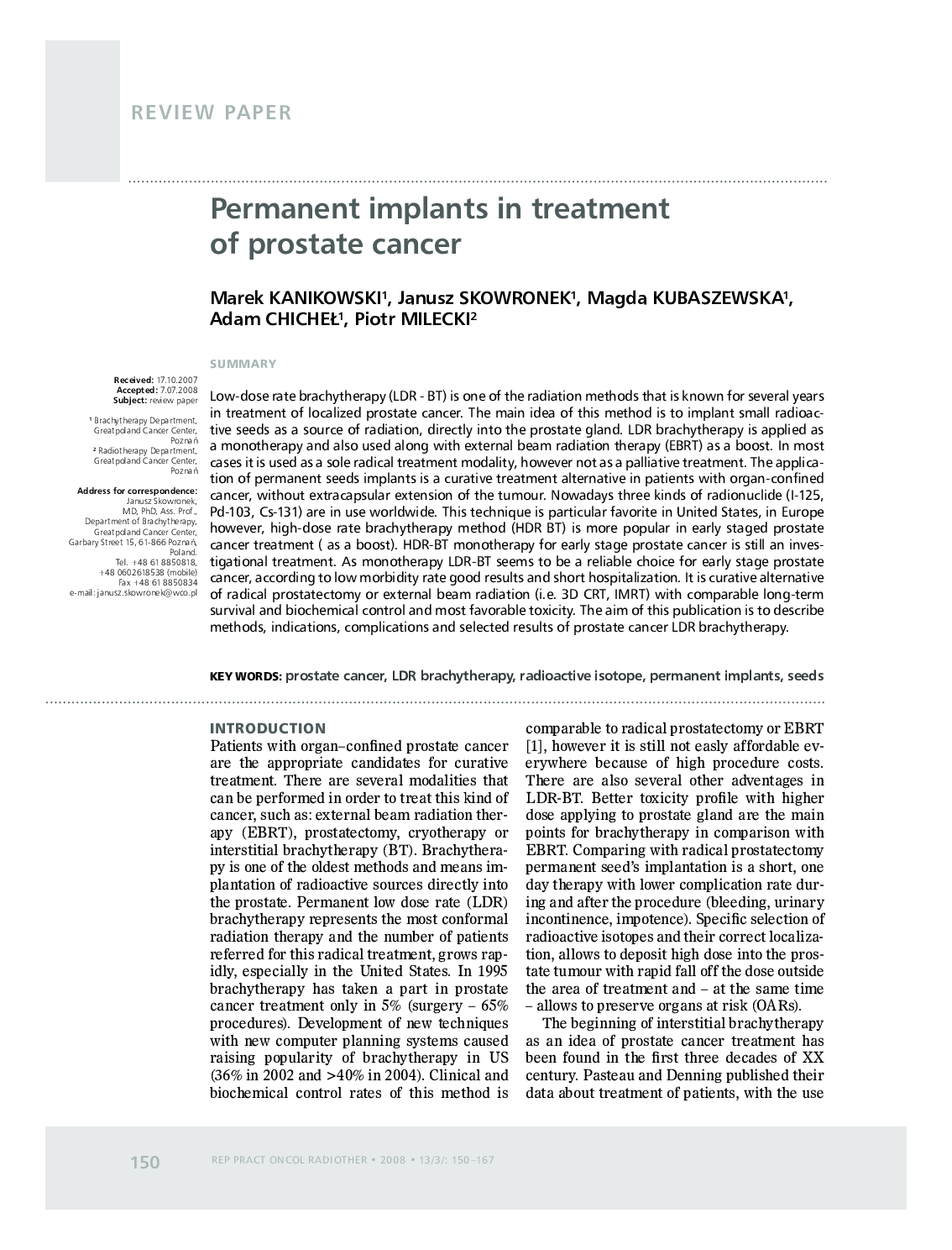 Permanent implants in treatment of prostate cancer