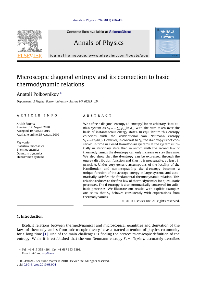 Microscopic diagonal entropy and its connection to basic thermodynamic relations