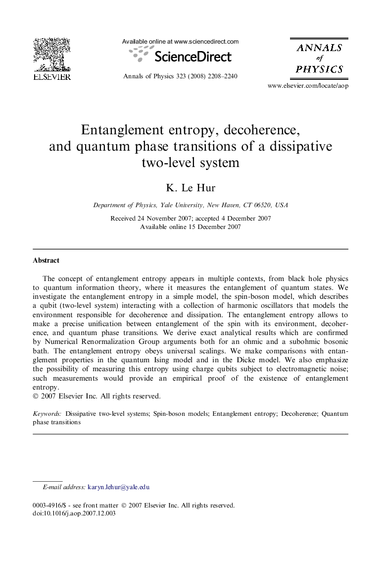 Entanglement entropy, decoherence, and quantum phase transitions of a dissipative two-level system