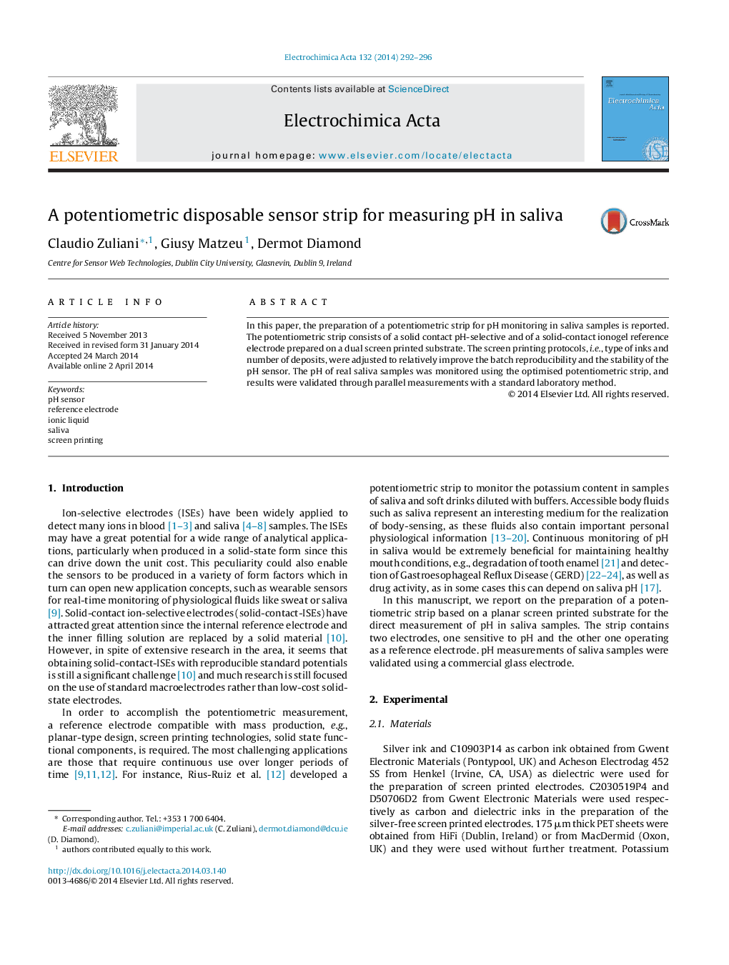 A potentiometric disposable sensor strip for measuring pH in saliva