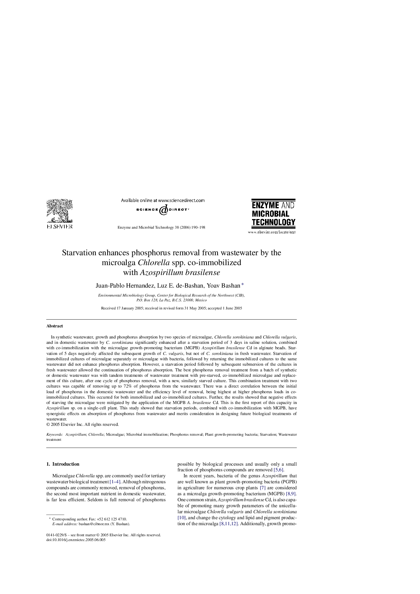 عکس صفحه اول مقاله: Starvation enhances phosphorus removal from wastewater by the microalga Chlorella spp. co-immobilized with Azospirillum brasilense Starvation enhances phosphorus removal from wastewater by the microalga Chlorella spp. co-immobilized with Azospirillum brasilense