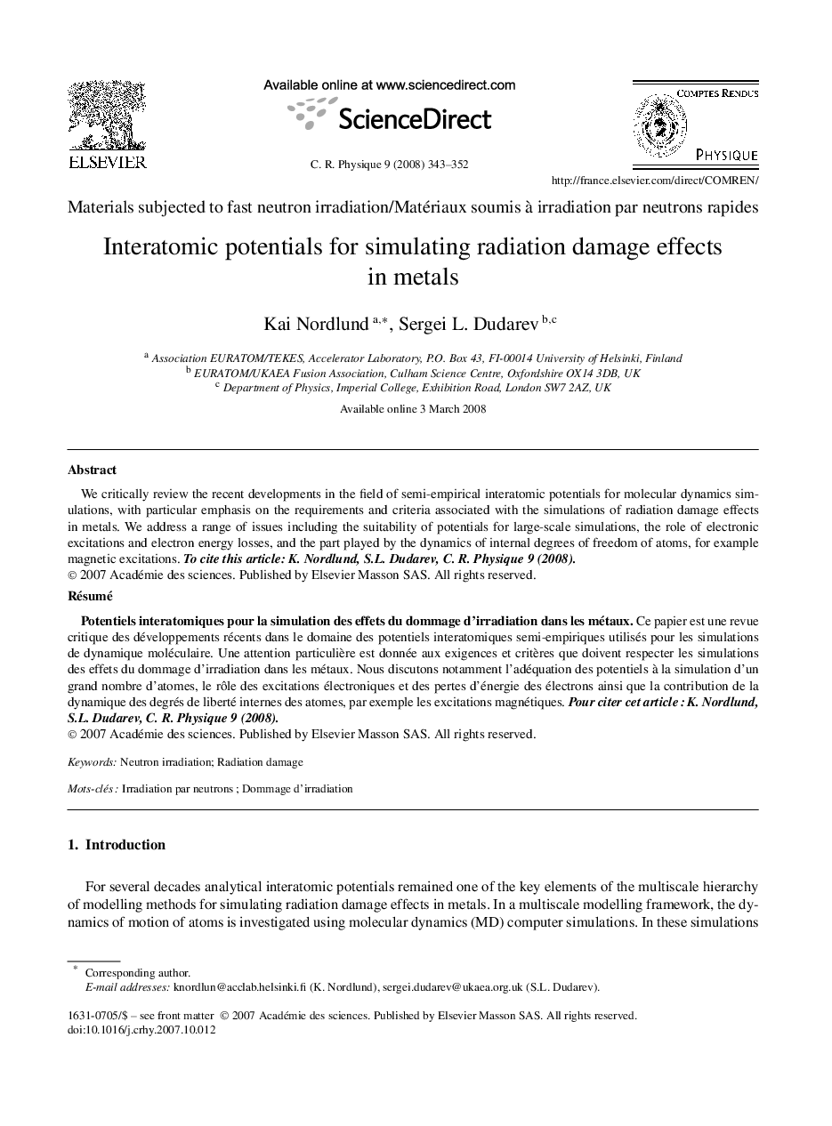 Interatomic potentials for simulating radiation damage effects in metals