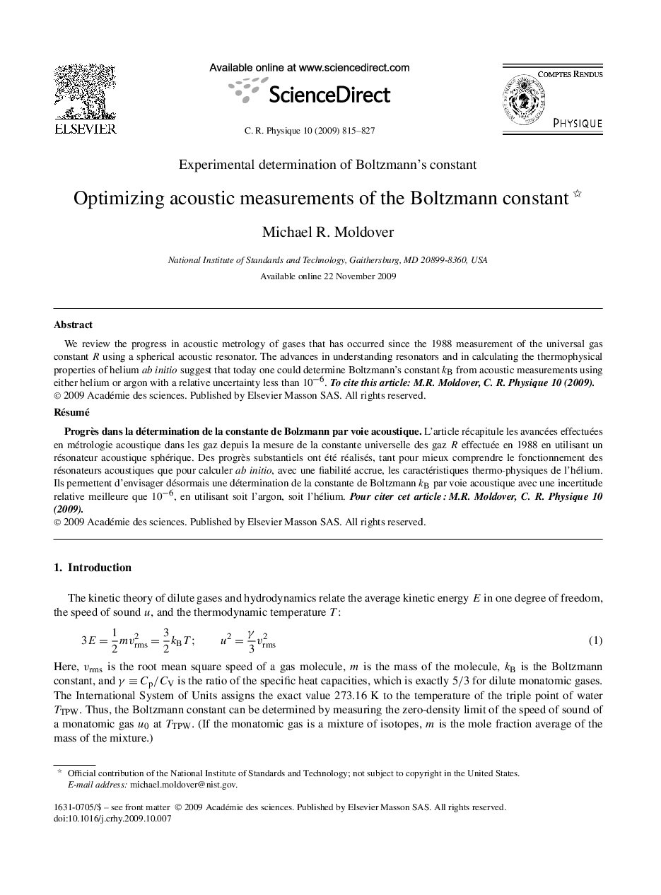 عکس صفحه اول مقاله: Optimizing acoustic measurements of the Boltzmann constant Optimizing acoustic measurements of the Boltzmann constant