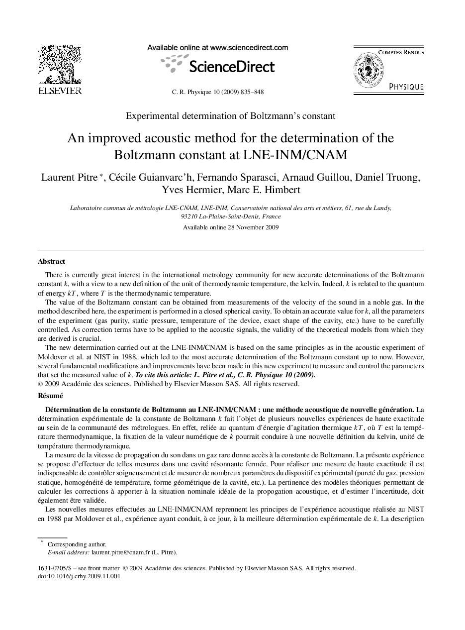 عکس صفحه اول مقاله: An improved acoustic method for the determination of the Boltzmann constant at LNE-INM/CNAM An improved acoustic method for the determination of the Boltzmann constant at LNE-INM/CNAM