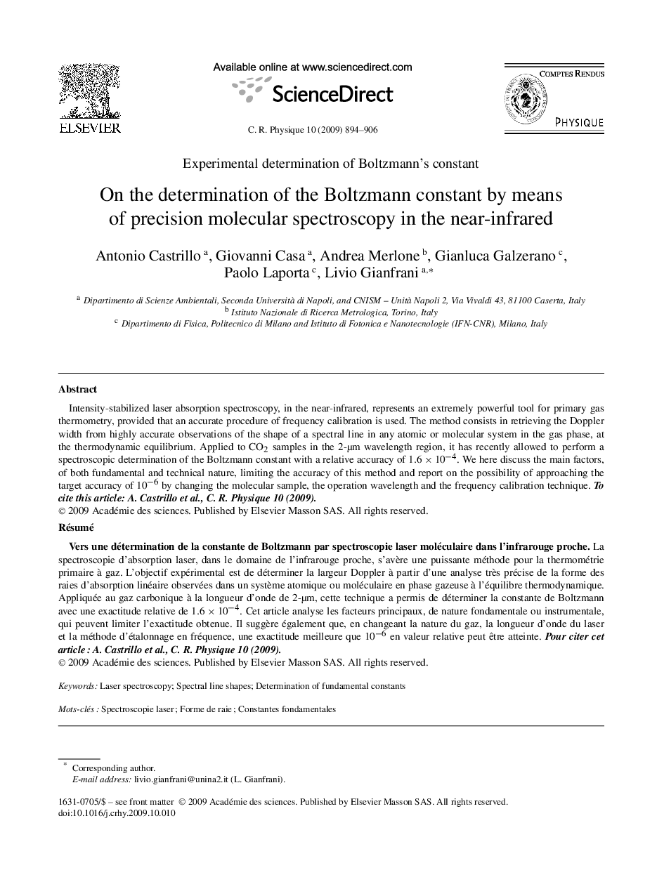 عکس صفحه اول مقاله: On the determination of the Boltzmann constant by means of precision molecular spectroscopy in the near-infrared On the determination of the Boltzmann constant by means of precision molecular spectroscopy in the near-infrared