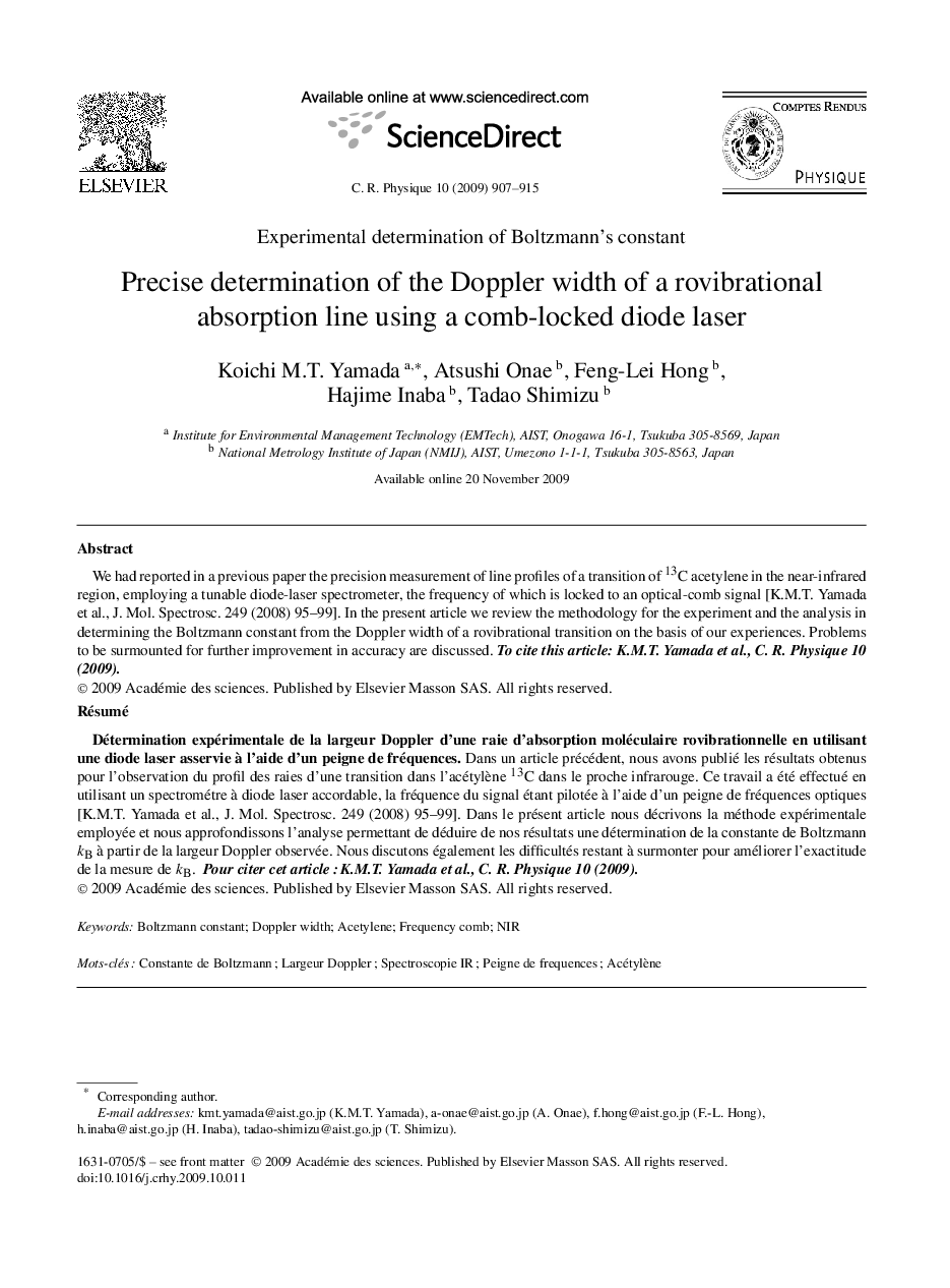 عکس صفحه اول مقاله: Precise determination of the Doppler width of a rovibrational absorption line using a comb-locked diode laser Precise determination of the Doppler width of a rovibrational absorption line using a comb-locked diode laser