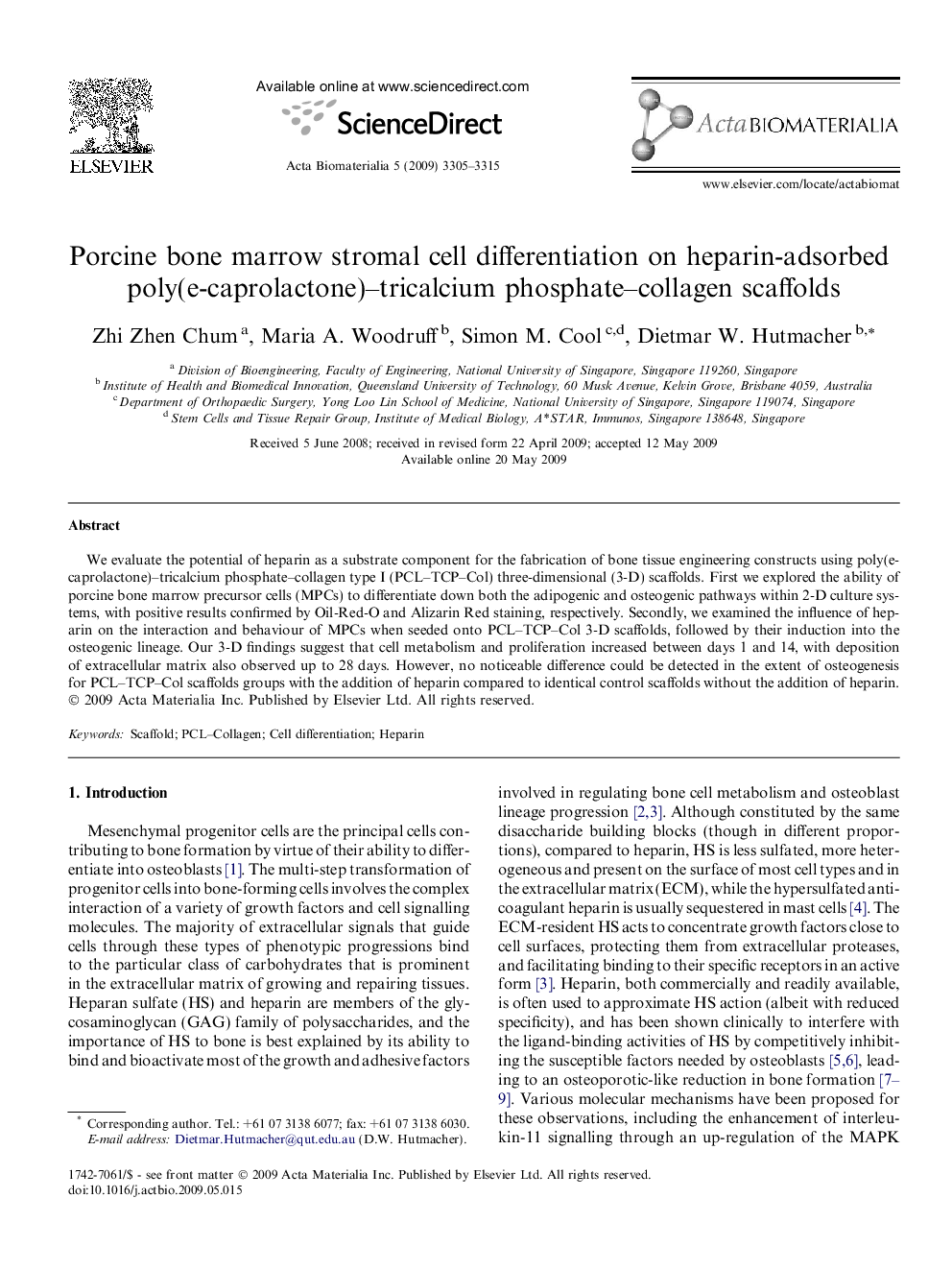 Porcine bone marrow stromal cell differentiation on heparin-adsorbed poly(e-caprolactone)–tricalcium phosphate–collagen scaffolds