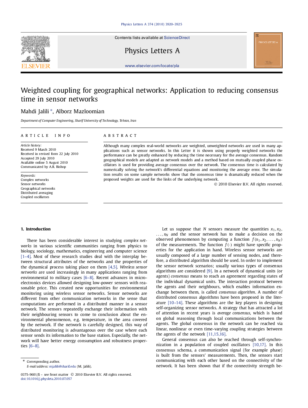 Weighted coupling for geographical networks: Application to reducing consensus time in sensor networks